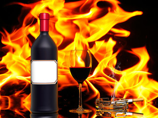 Red wine on a background of fire