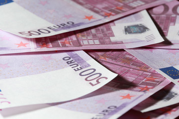 Close-up of many bundle of 500 Euro bank notes, european money