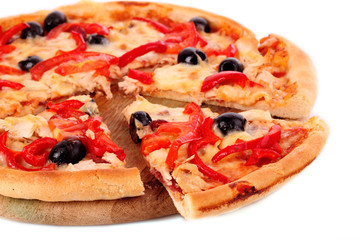 Pizza with olives and tomatoes closeup