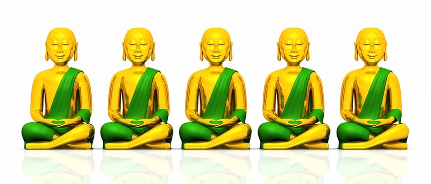Five golden Buddhas on white - green
