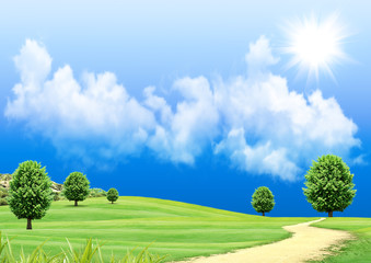 Fototapeta premium The sun in clouds in the blue sky and a green glade