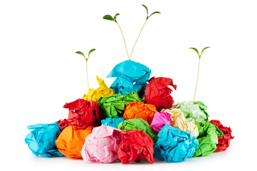 Paper recycling concept with seedlings on white