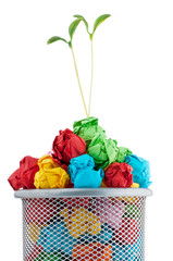 Paper recycling concept with seedlings on white