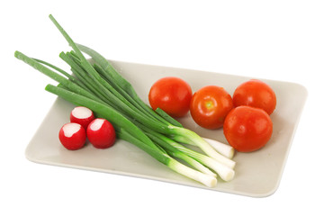 Obraz na płótnie Canvas white plate with tomato, radish and green onion