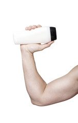 Arm of man holding shampoo bottle isolated on white