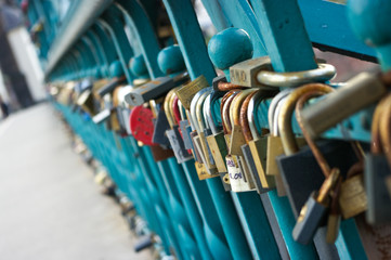 Padlocks on Love Bridge in Wroclaw, Poland