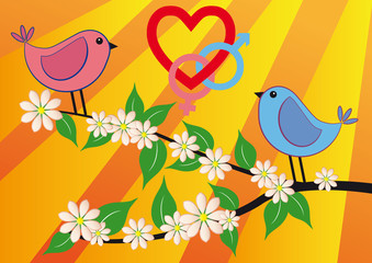 pink and blue bird with love