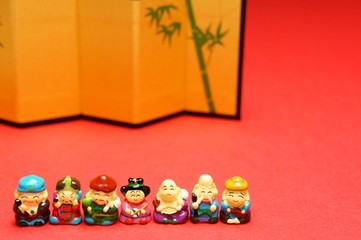 七福神　金屏風　赤バック