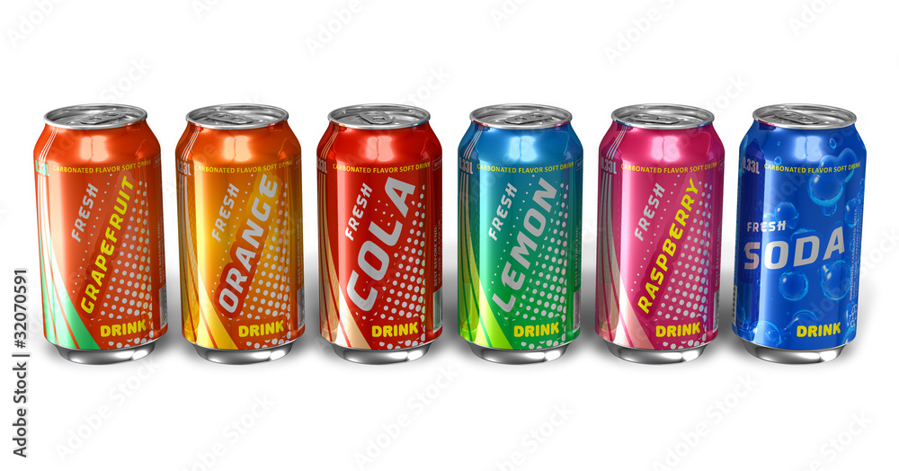 Wall mural Set of refreshing soda drinks in metal cans