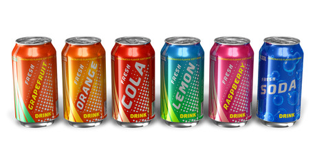 Set of refreshing soda drinks in metal cans