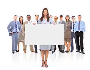 group of business people holding a banner ad isolated on white