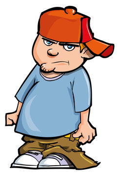 Cartoon of boy with baggy pants and baseball cap