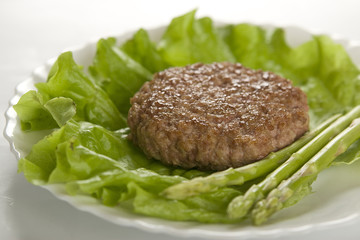 Meat rissole with lettuce on the plate