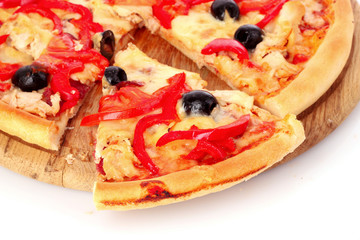 Pizza with olives on plate isolated on white