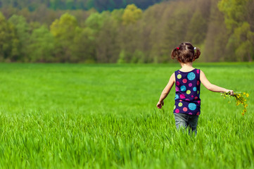 Little girl with flowers on green field