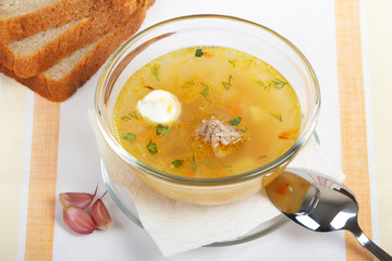 Homemade soup in a glass dish