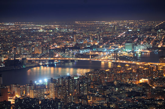 New York City Manhattan skyline aerial view at dusk