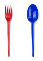 Plastic red fork and blue spoon set
