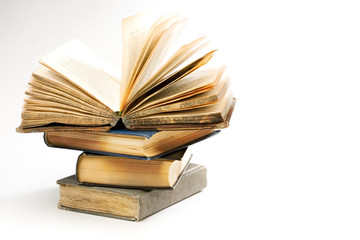 Pile of old books on the white background