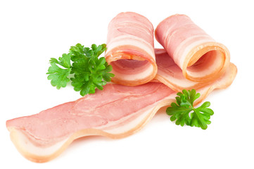 Tasty sliced bacon with vegetables and parsley isolated on white