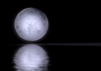 The full moon in the night sky reflected in water