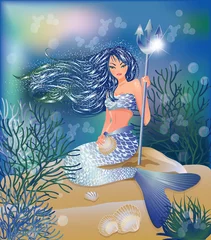 Foto auf Acrylglas Meerjungfrau Schöne Meerjungfrau mit Dreizack und Muschel, Vektor