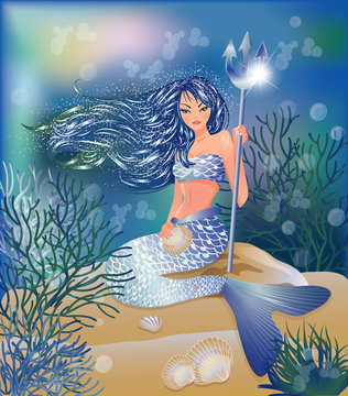 Beautiful Mermaid with Trident and seashell, vector