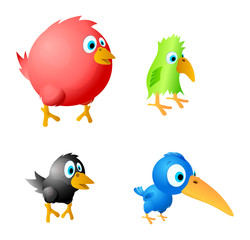 4 birds: red fat, green parrot, black crow and blue overage