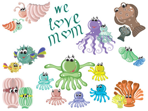 Mothers day,sea animals ,vector