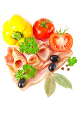 Tasty sliced bacon with vegetables and spices