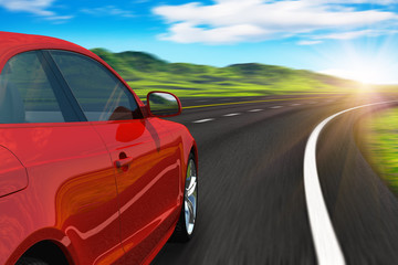 Obraz na płótnie Canvas Czerwony samochód jazdy przez autobahn w zachodzie słońca z motion blur