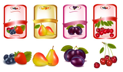 Four labels with berries and fruits. Vector.