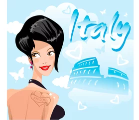 Photo sur Plexiglas Doodle J& 39 aime l& 39 Italie, la fille mignonne et le symbole de l& 39 Italie Rome Colosseum backgro