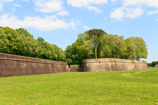 Lucca city wall fortifications in spring, Tuscany, Italy