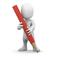 3d Little man draws with a pencil