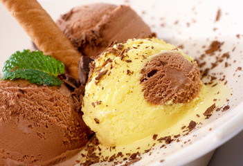 Chocolate and vanilla ice cream, close up