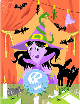Halloween. Strega nel suo laboratorio magico