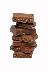 Close up of chocolate pieces on white background