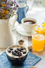 Breakfast spread with blueberries