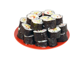 Japanese cuisine - sushi roll on red plate on white backround