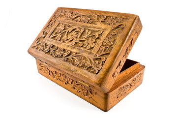 Open wooden casket with carved lid from India