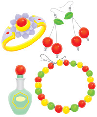 Beads, clips, ring and perfume