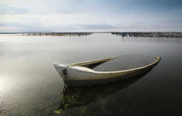barque noyée sur étang de Palavas