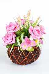 Bouquet pink roses in vase in interior