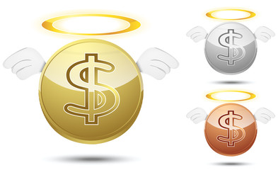 gold silver and bronze coin with blue wings and ring