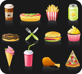 Fast food black background  icon set.