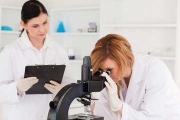 Blond-haired scientist and her assistant conducting an experimen