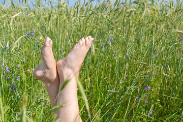 Woman two legs in green grass field under blue sky