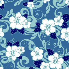 Hibiscus floral blue background seamless