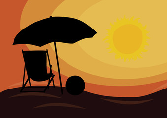 Sunset over the beach with deck chair and beach ball